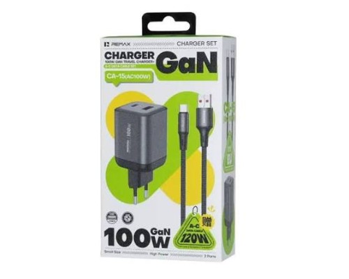 Мережевий зарядний пристрій з кабелем REMAX Wisdom Series 100W GaN Travel Charger+A-C Data Cable Set CA-15(AC100W) EU Tarnish (6954851263463)