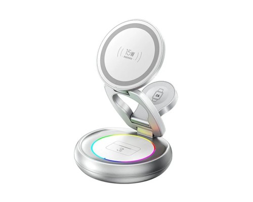 Бездротовий зарядний пристрій REMAX 20.5W Upgrade free metal foldable rotatable magnetic 3 in 1 wireless charger CW05 Sliver (6954851260271)