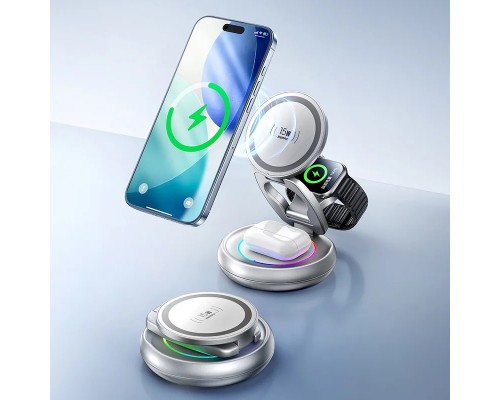 Бездротовий зарядний пристрій REMAX 20.5W Upgrade free metal foldable rotatable magnetic 3 in 1 wireless charger CW05 Sliver (6954851260271)