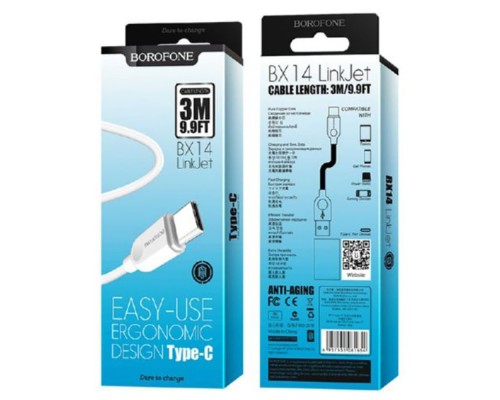 Кабель BOROFONE BX14 USB to Type-C 2.4A, 3m, PVC, TPE connectors, White (6957531090397)