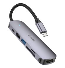 USB-хаб HOCO HB28 Type-C multi-function converter(HDTV+USB3.0+USB2.0+SD+TF+PD) Metal Gray (6931474769336)