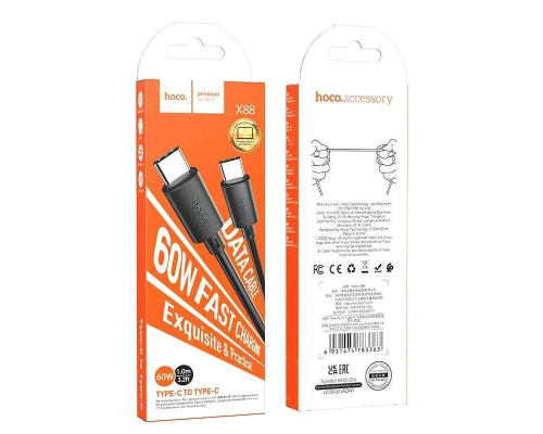 Кабель HOCO X88 Gratified 60W charging data cable for Type-C to Type-C Black (6931474783363)