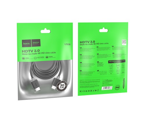 Кабель HOCO US08 HDTV 2.0 male-to-male 4K HD data cable(L=3M) Black (6931474799401)