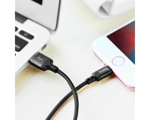 Кабель HOCO X14 USB to iP 2A, 1m, nylon, aluminum connectors, Black (6957531062820)