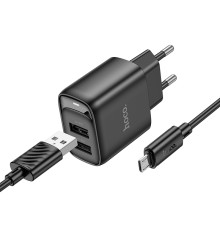 Мережевий зарядний пристрій з кабелем HOCO C141A Smart dual-port charger set(Micro) Black (6942007627887)