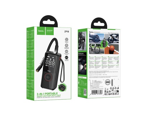 Автомобільний насос HOCO ZP18 Enlighten portable smart air pump Black (6942007673303)