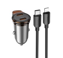 Автомобільний зарядний пристрій HOCO NZ16 Rigorous single port PD30W car charger set(C to iP) Metal Grey (6942007644723)