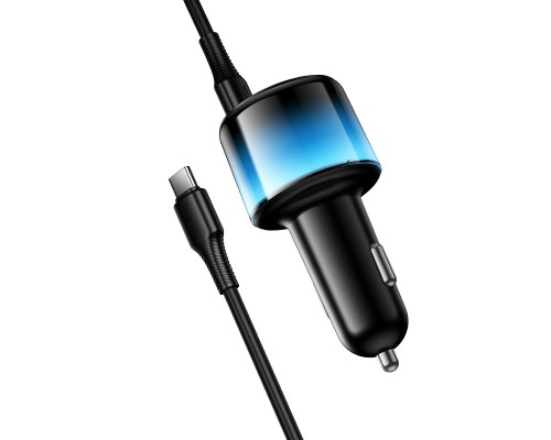 Автомобільний зарядний пристрій HOCO Z69A Vivido PD37W(2C1A) car charger with digital display set(C to C) Black (6942007681575)