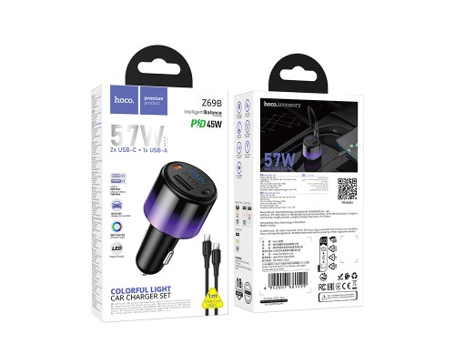 Автомобільний зарядний пристрій HOCO Z69B Vivido PD57W(2C1A) car charger with digital display set(C to C) Black (6942007681599)