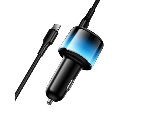 Автомобільний зарядний пристрій HOCO Z69B Vivido PD57W(2C1A) car charger with digital display set(C to C) Black (6942007681599)
