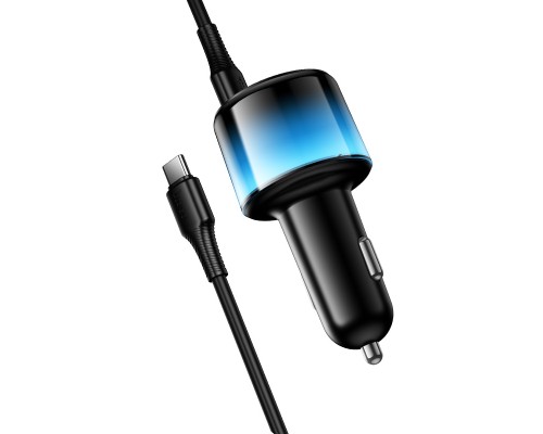Автомобільний зарядний пристрій HOCO Z69B Vivido PD57W(2C1A) car charger with digital display set(C to C) Black (6942007681599)