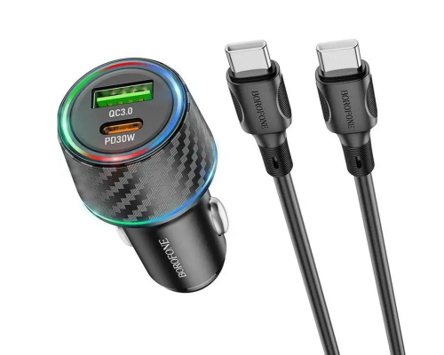 Автомобільний зарядний пристрій BOROFONE BZ21 Brilliant 48W dual port PD30W+QC3.0 car charger set(Type-C to Type-C) Black (6941991101199)