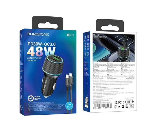 Автомобільний зарядний пристрій BOROFONE BZ21 Brilliant 48W dual port PD30W+QC3.0 car charger set(Type-C to Type-C) Black (6941991101199)