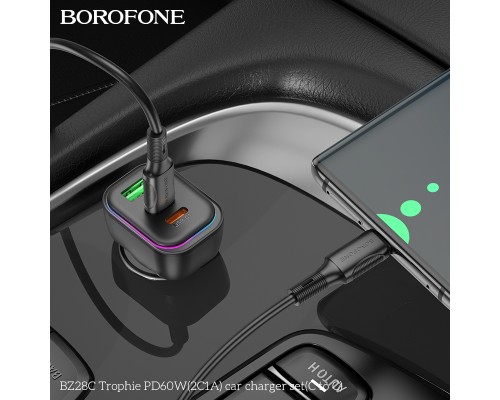 Автомобільний зарядний пристрій BOROFONE BZ28C Trophie PD60W(2C1A) car charger set(C to C) Black (6941991110894)