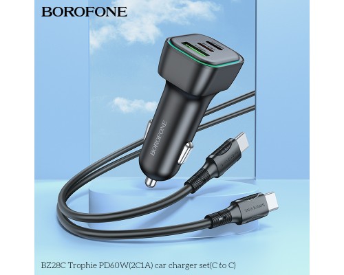 Автомобільний зарядний пристрій BOROFONE BZ28C Trophie PD60W(2C1A) car charger set(C to C) Black (6941991110894)