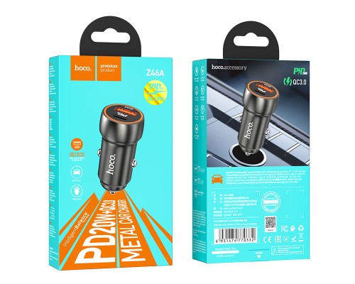 Автомобільний зарядний пристрій HOCO Z46A Blue whale PD20W+QC3.0 car charger Metal Gray (6931474770332)