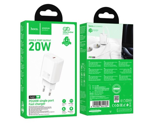 Мережевий зарядний пристрій HOCO N60 Gentle single port PD20W charger (EU) White (6942007644181)