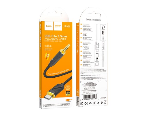 Аудiокабель HOCO UPA30 Type-C to 3.5mm male, nylon braid, 1m, Black (6942007625524)
