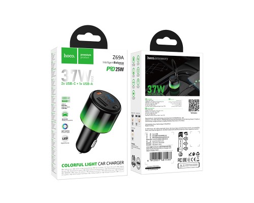 Автомобільний зарядний пристрій HOCO Z69A Vivido PD37W(2C1A) car charger with digital display Black (6942007681568)