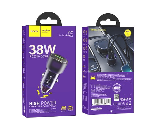Автомобільний зарядний пристрій HOCO Z52 Spacious PD38W (1C1A) car charger Transparent Purple (6942007601757)