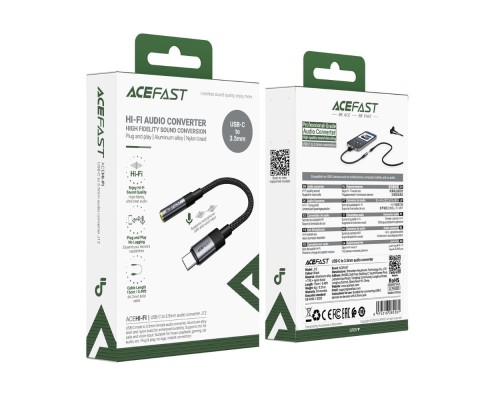 Аудіокабель ACEFAST J12 Type-C to 3.5mm female, nylon braid, 0,15m, Black (6974316285281)