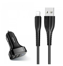 АЗП Usams Travel Car Charger Kit King Tu Series(U35 IP Cable 1M + C13 Dual USB Car Charger) Black (NTU35LC13TZ)
