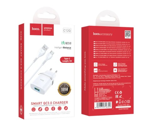 Мережевий зарядний пристрій HOCO C12Q Smart QC3.0 charger set(Type-C) 18W White (6931474716309) Мережевий зарядний пристрій HOCO C12Q Smart QC3.0 charger set(Type-C) 18W White (6931474716309)