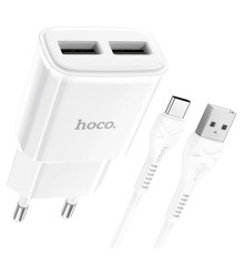 Мережевий зарядний пристрій з кабелем HOCO C88A Star round dual port charger set(Type-C) 12W White (6931474749550)