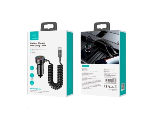 Автомобільний зарядний пристрій Usams US-CC167 C33 30W Car Charger With Spring Cable Black (CC167CC01) 