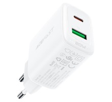 Мережевий зарядний пристрій ACEFAST A25 PD20W (USB-C+USB-A) dual port charger White (AFA25W) 