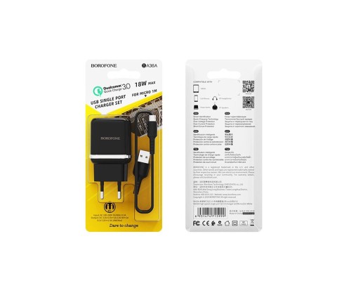 Мережевий зарядний пристрій BOROFONE BA36A High speed single port QC3.0 charger set 18W(Micro) Black (BA36AMB) Мережевий зарядний пристрій BOROFONE BA36A High speed single port QC3.0 charger set 18W(Micro) Black (BA36AMB)