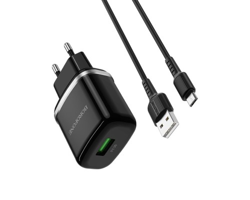 Мережевий зарядний пристрій BOROFONE BA36A High speed single port QC3.0 charger set 18W(Micro) Black (BA36AMB) Мережевий зарядний пристрій BOROFONE BA36A High speed single port QC3.0 charger set 18W(Micro) Black (BA36AMB)