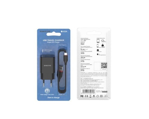 Мережевий зарядний пристрій BOROFONE BA20A Sharp single port charger set(Type-C) Black (BA20ACB) Мережевий зарядний пристрій BOROFONE BA20A Sharp single port charger set(Type-C) Black (BA20ACB)