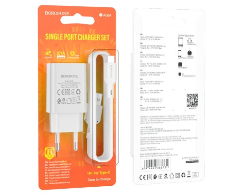 Мережевий зарядний пристрій BOROFONE BA68A Glacier single port charger set(Type-C) White (BA68ACW) 