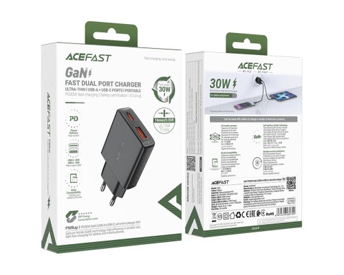 Мережевий зарядний пристрій ACEFAST A69 PD30W GaN (USB-A+USB-C) ultra-thin charger Black (6974316282709) Мережевий зарядний пристрій ACEFAST A69 PD30W GaN (USB-A+USB-C) ultra-thin charger Black (6974316282709)
