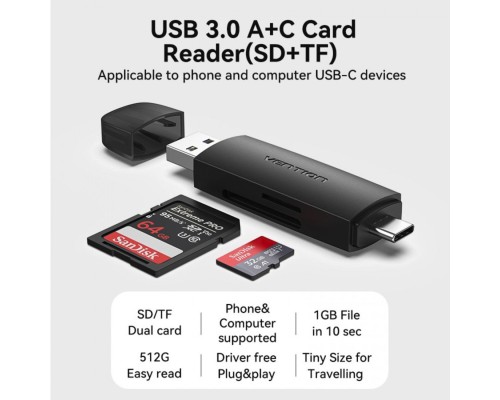 Картрідер Vention 2-in-1 USB 3.0 A+C Card Reader(SD+TF) Black Dual Drive Letter (CLKB0) (CLKB0) 