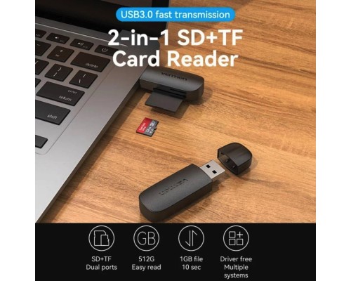 Картрідер Vention 2-in-1 USB 3.0 A Card Reader(SD+TF) Black Dual Drive Letter (CLGB0) (CLGB0) 