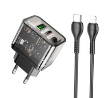 Мережевий зарядний пристрій HOCO N34 Dazzling dual-port PD20W+QC3.0 charger set(C to iP) Transparent Black (6931474799173) 