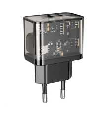 Мережевий зарядний пристрій HOCO N34 Dazzling dual-port PD20W+QC3.0 charger Transparent Black (6931474799166)