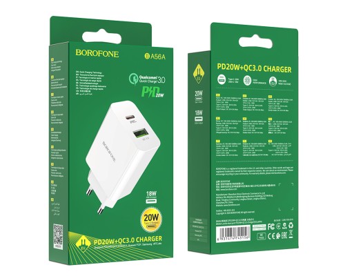 Мережевий зарядний пристрій BOROFONE BA56A Lavida dual port PD20W+QC3.0 charger White (BA56AW) 
