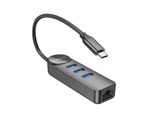 Адаптер Borofone DH6 Erudite 4-in-1 Gigabit Ethernet Adapter(Type-C to USB3.0*3+RJ45)(L=0.2M) Black (6941991104312) 