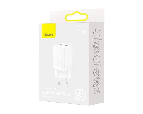 Мережевий зарядний пристрій Baseus Super Si Pro Quick Charger C+U 30W EU White (CCSUPP-E02) Мережевий зарядний пристрій Baseus Super Si Pro Quick Charger C+U 30W EU White (CCSUPP-E02)
