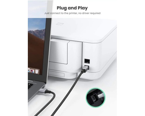 Кабель UGREEN US369 USB-A Male to USB-B 2.0 Printer Cable Alu Case with Braid 2m  (Black)(UGR-80803) (UGR-80803) 