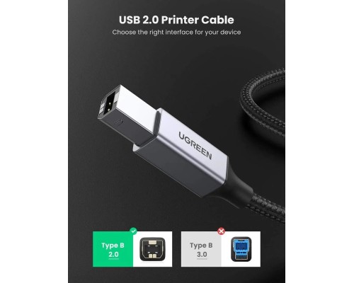 Кабель UGREEN US369 USB-A Male to USB-B 2.0 Printer Cable Alu Case with Braid 2m  (Black)(UGR-80803) (UGR-80803) 
