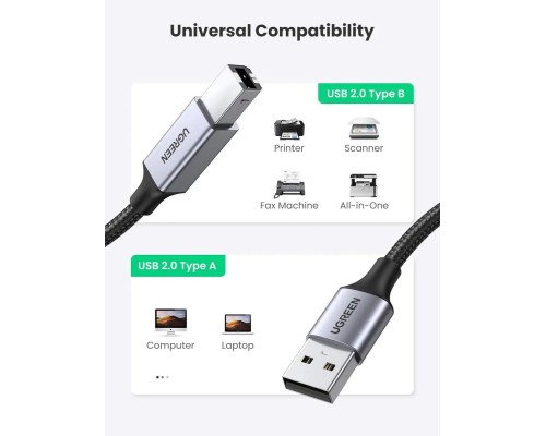 Кабель UGREEN US369 USB-A Male to USB-B 2.0 Printer Cable Alu Case with Braid 2m  (Black)(UGR-80803) (UGR-80803) 