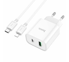 Мережевий зарядний пристрій HOCO C80A Plus Rapido PD20W+QC3.0 charger set(C to iP) White (6931474779892) 