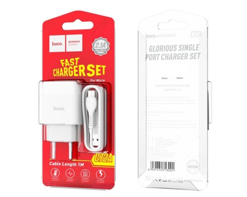 Мережевий зарядний пристрій HOCO C72A Glorious single port charger set(Micro) White (6931474713001) Мережевий зарядний пристрій HOCO C72A Glorious single port charger set(Micro) White (6931474713001)