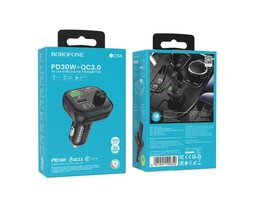 АЗП з FM-модулятором BOROFONE BC54 Acertar PD30W+QC3.0 car BT FM transmitter 18W Black (6941991109850) АЗП з FM-модулятором BOROFONE BC54 Acertar PD30W+QC3.0 car BT FM transmitter 18W Black (6941991109850)