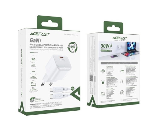 Мережевий зарядний пристрій ACEFAST A77 mini PD30W GaN single USB-C charger set (C3-03) White (6974316282853) 