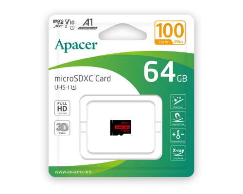 microSDXC (UHS-1) Apacer 64Gb class 10 V10 A1 R100MB/s (AP64GMCSX10UB-RA) microSDXC (UHS-1) Apacer 64Gb class 10 V10 A1 R100MB/s (AP64GMCSX10UB-RA)